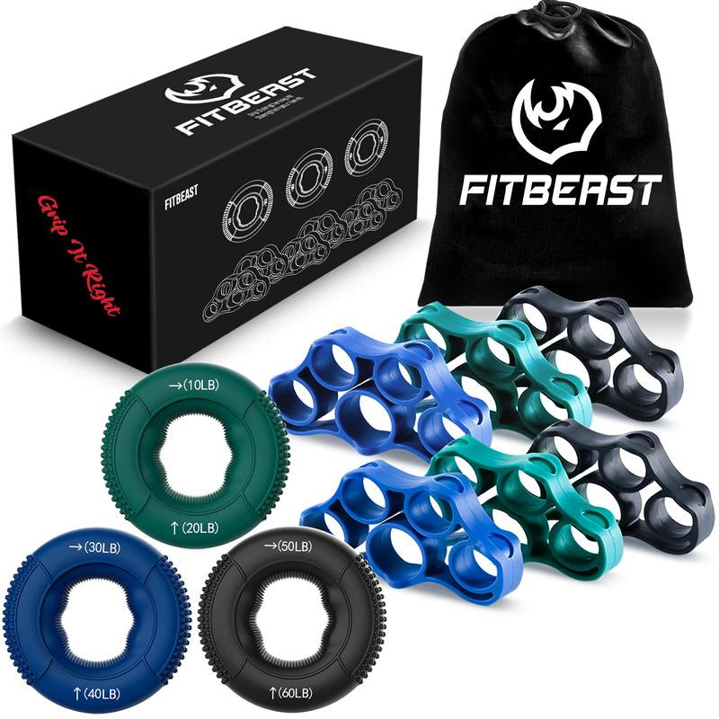 Fitbeast Grip Strength Trainer, Finger Exerciser, Forearm Strengthener 9-Piece Kit, Hand Grip Strengthener Targeted Strength