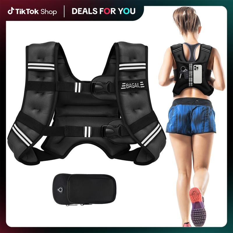 【Tiktokshopblackfriday】Bagail Weighted Vest, 5Lbs/8Lbs/10Lbs/12Lbs/15Lbs/20Lbs/25Lbs/30Lbs Weight Vest with Detachable Phone Pouch, Rucking Vest for Women, Men, Walking, Training, Running Glute Workout Equipment Sweat Fitness Belt